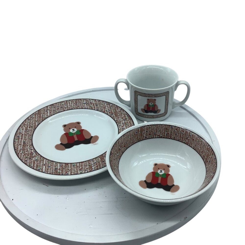 Vtg Child Porcelain Dinner Set B&D‎ Teddy Bear Vest Bowtie Plate Bowl Handle Mug
